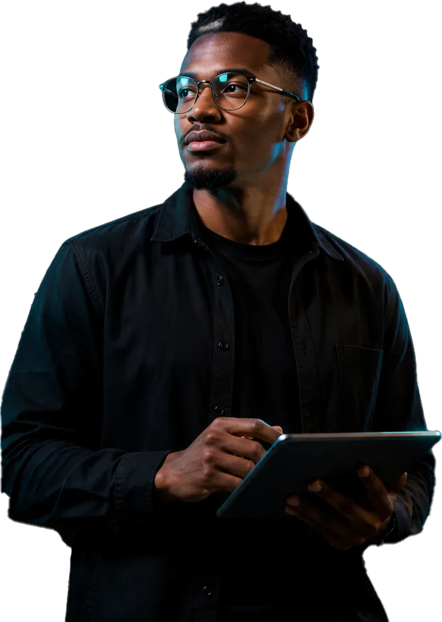 Creative professional holding a tablet, cut out against the BAM cyan panel